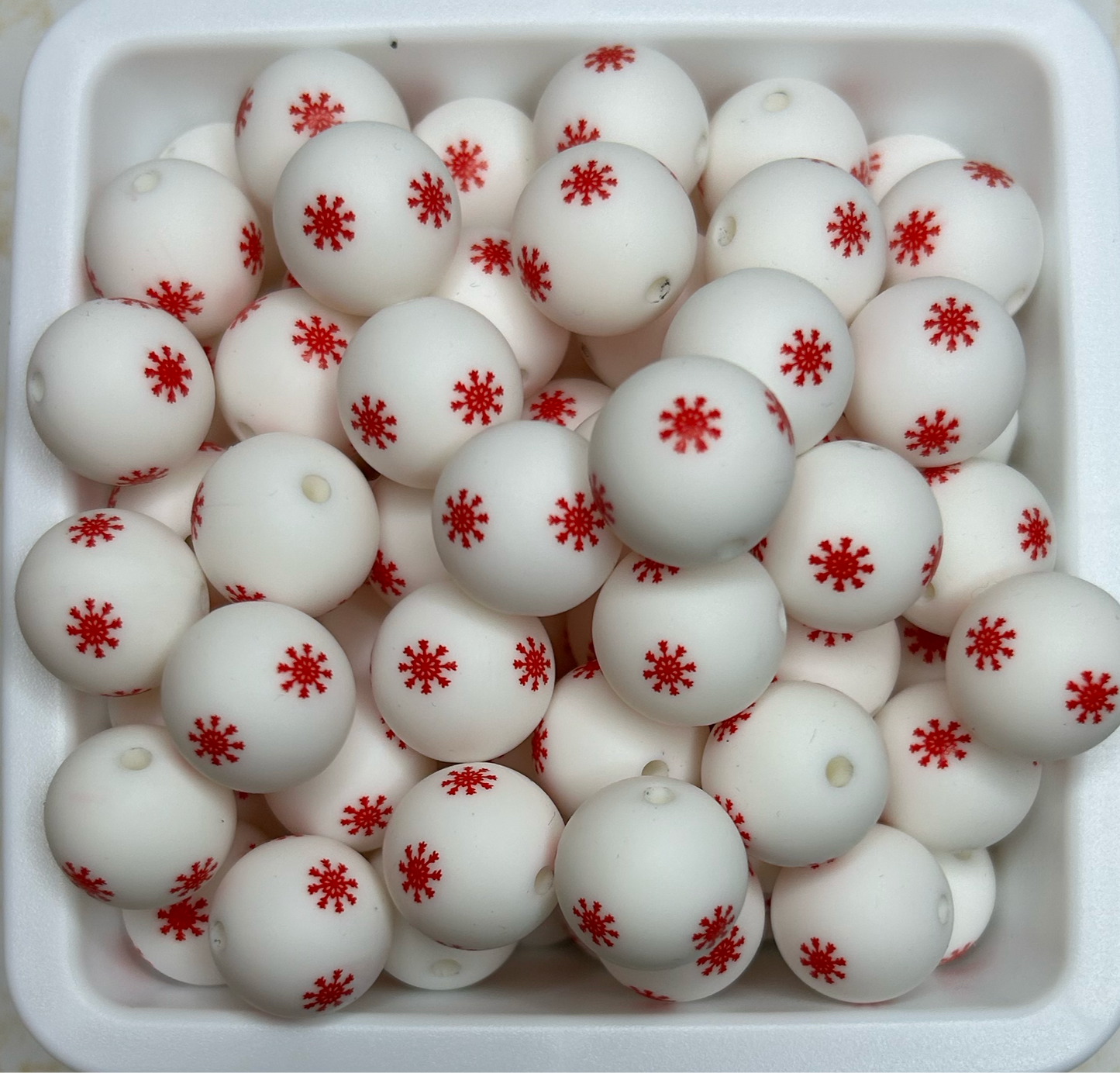 15mm Red and White Snowflake Silicone Bead (Pack of 5)