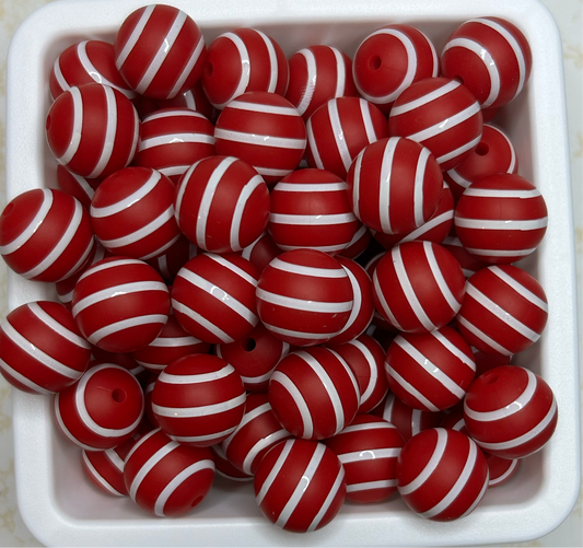 15mm Red Striped Silicone Bead (Pack of 5)