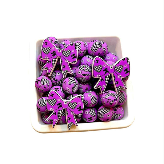 Purple Checkered Heart and Flowers Bow