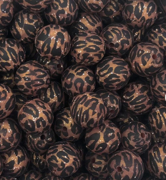 15mm Copper Glitter Leopard Printed Silicone Bead (5 pack)